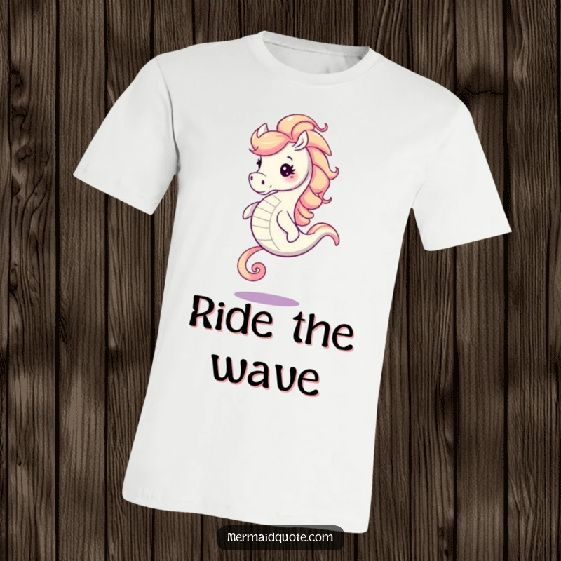 Funny seahorse with a flowing, swirling mane galloping gracefully across this t-shirt, symbolizing energy and fun.