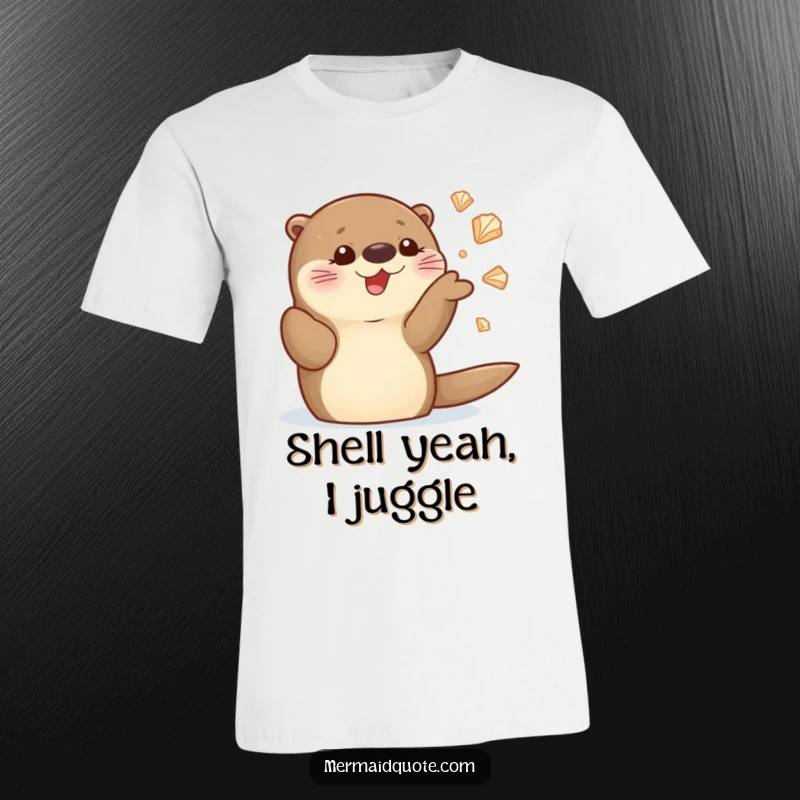 Funny sea otter t-shirt showing a happy otter character expertly juggling shiny seashells with a delighted expression, perfect for casual wear.