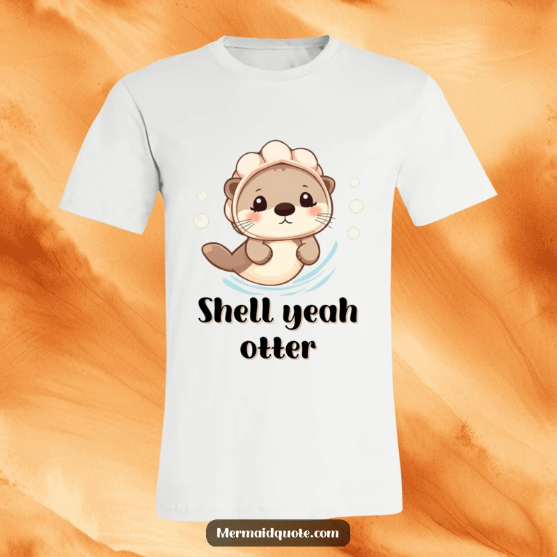 Funny T-Shirt: A tiny otter sports a seashell helmet and swims cheerfully, creating a happy bubble trail.