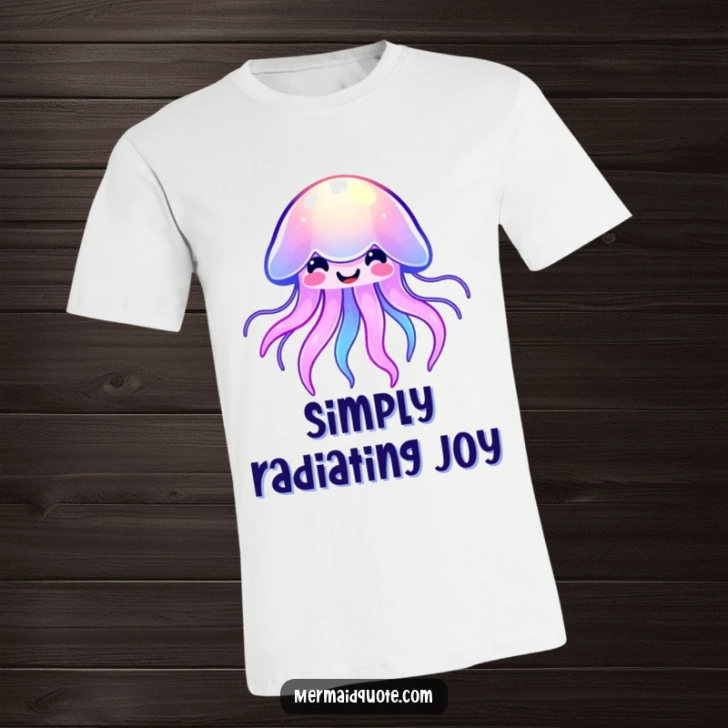 Funny kawaii jellyfish t-shirt featuring a smiling, brightly glowing sea creature in vibrant, cheerful colors, radiating happiness.