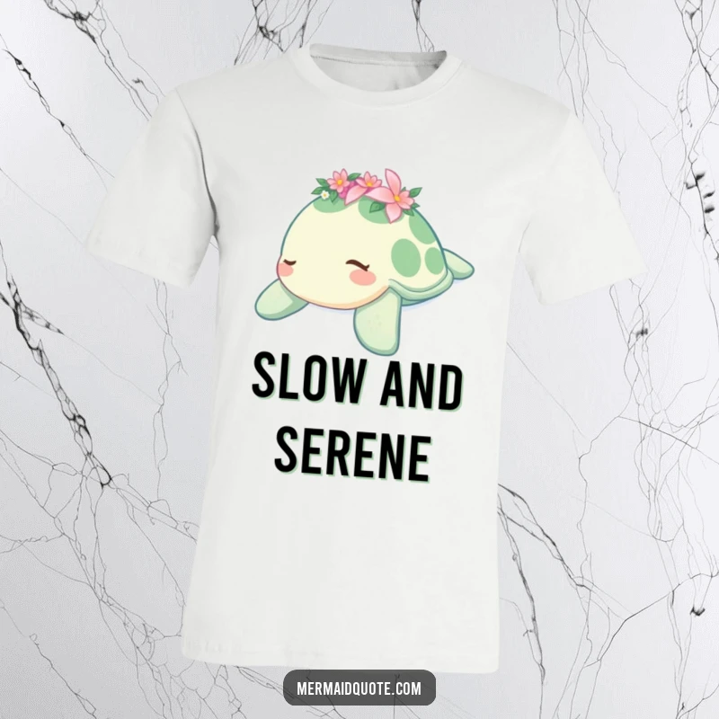 Funny t-shirt featuring a sleepy sea turtle with a delicate flower crown, peacefully drifting, symbolizing relaxation and a gentle spirit, a gift.