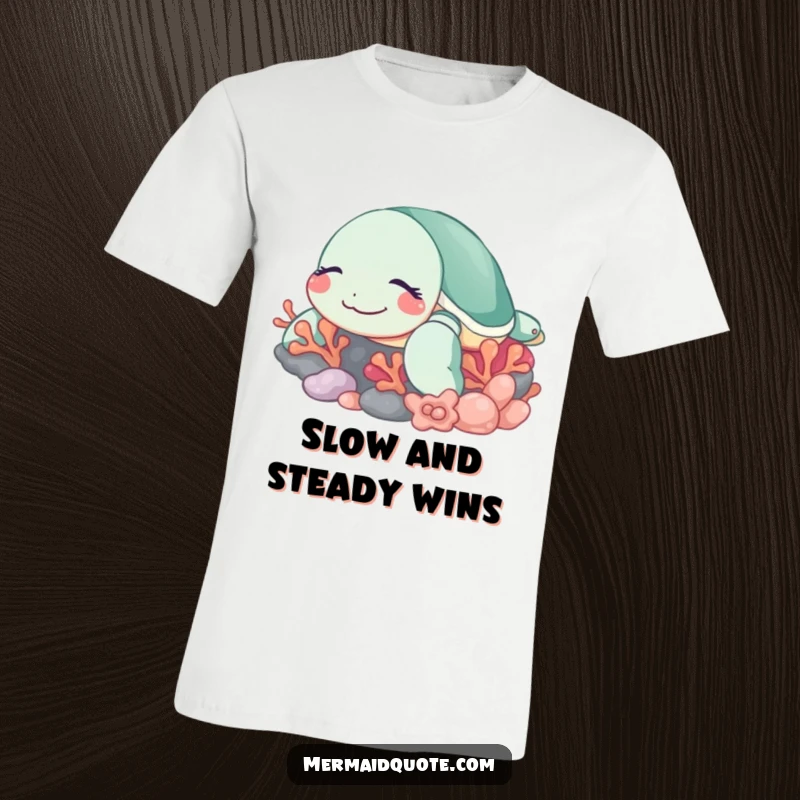 Funny sleeping turtle t-shirt showing a content sea turtle with closed eyes and a gentle smile, resting peacefully among colorful coral.