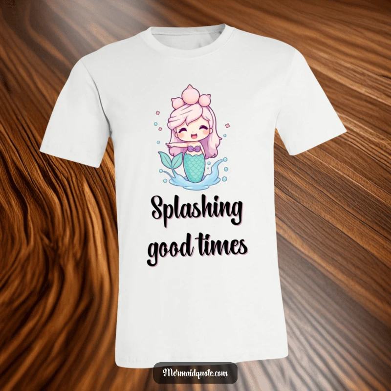 Funny Mermaid T-Shirt with a smiling mermaid in a seashell crown, energetically splashing water with enthusiasm.