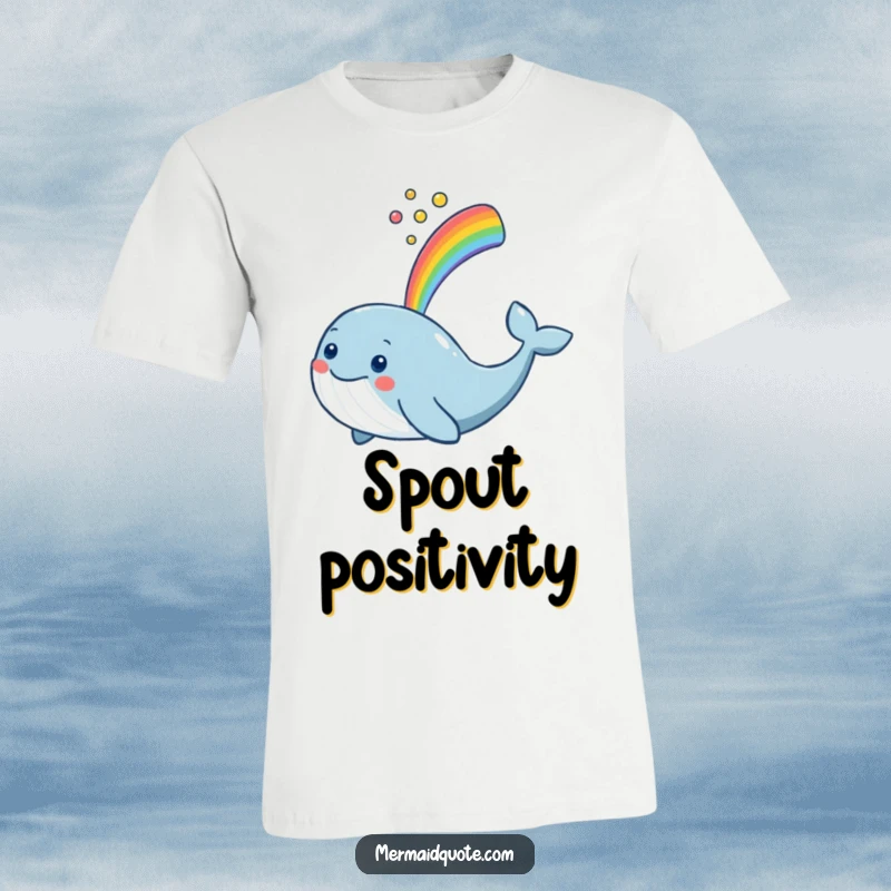 Funny, smiling whale spouting a colorful rainbow across this t-shirt, celebrating joy and wonder.
