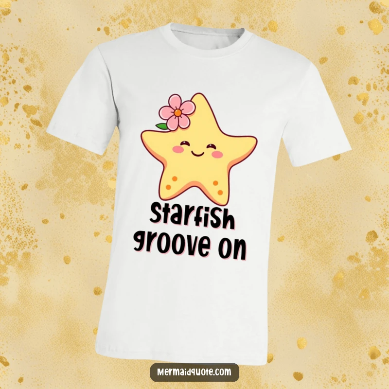 Funny t-shirt depicting a smiling starfish with a tropical flower behind its ear, elegantly dancing with flowing arms and a cheerful expression.