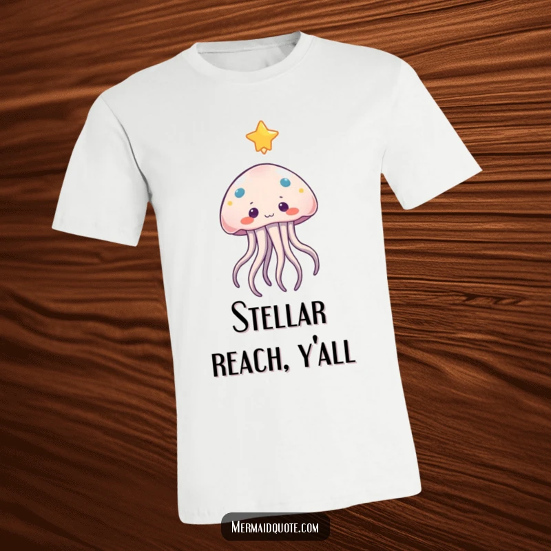 Funny jellyfish t-shirt depicting a curious character with delicate tentacles reaching out to a serene, floating star.