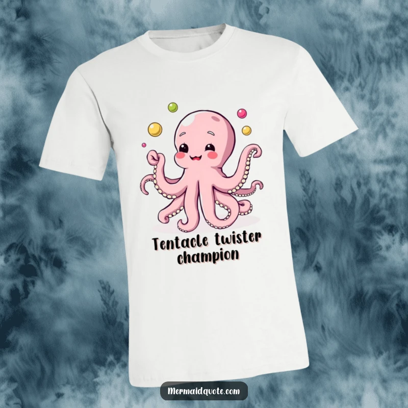 Funny t-shirt depicting a charming octopus with many tentacles, skillfully juggling a cascade of vibrant, lustrous pearls with a joyful expression.