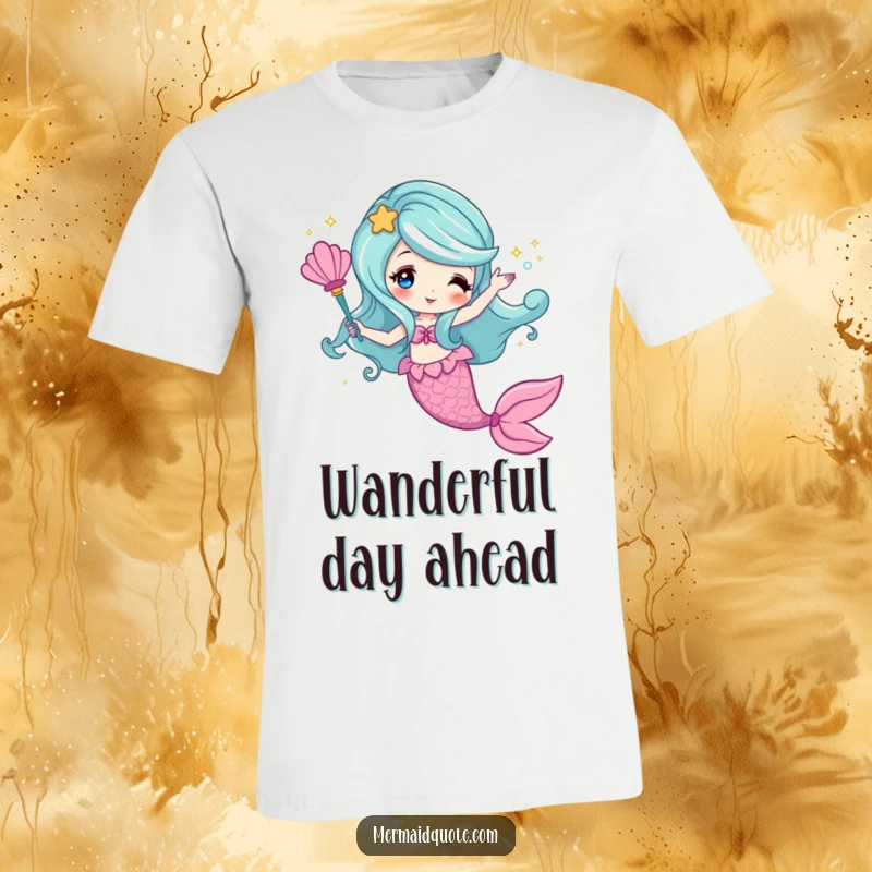 Funny t-shirt of a mermaid using a seashell wand to create sparkling magic, a whimsical design.