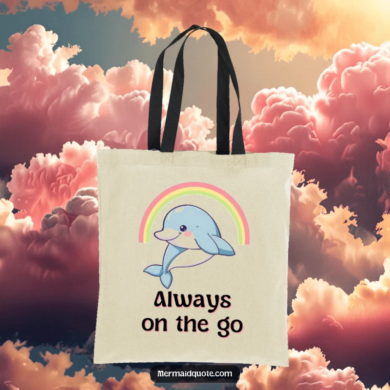 Funny smiling dolphin leaping high with a rainbow arc, on a durable tote bag.