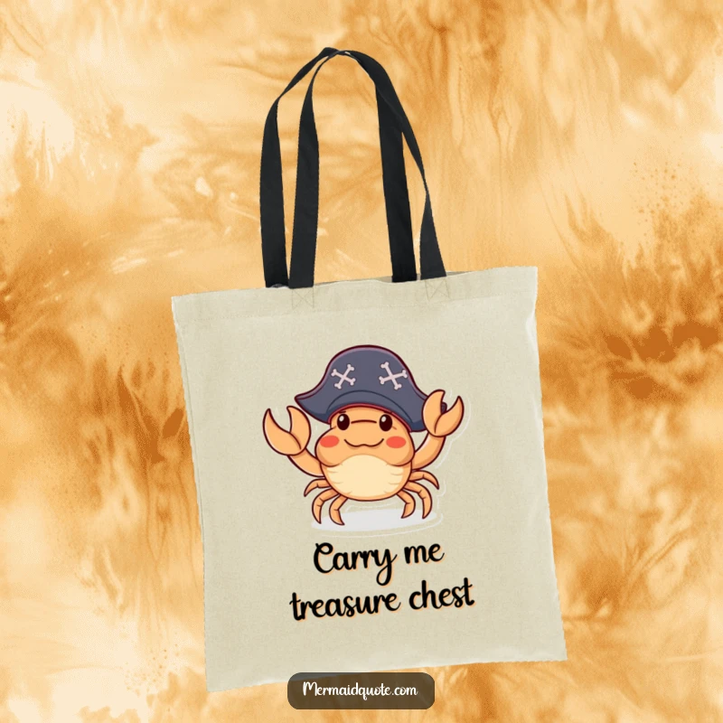 Funny Tote Bag of a little crab in a pirate hat, waving a claw amicably, ideal for carrying daily necessities with pirate humor.