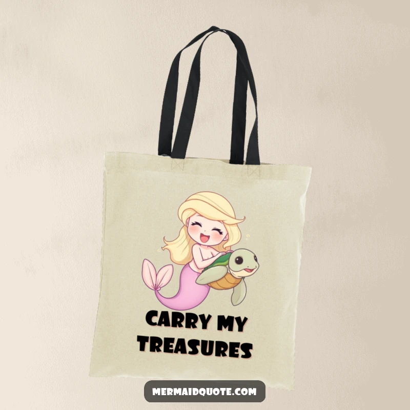 Funny tote bag depicting a playful mermaid tickling a shy sea turtle, showcasing a delightful underwater friendship.