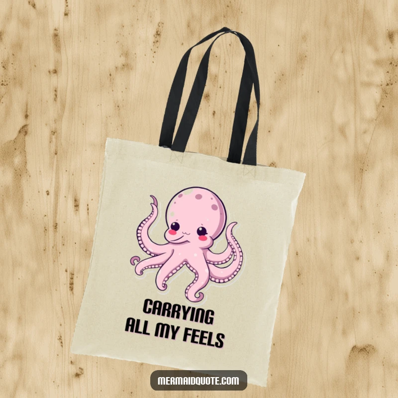 Funny kawaii octopus tote bag, featuring a comical octopus joyfully tickling itself with its many tentacles, perfect for shoppers.