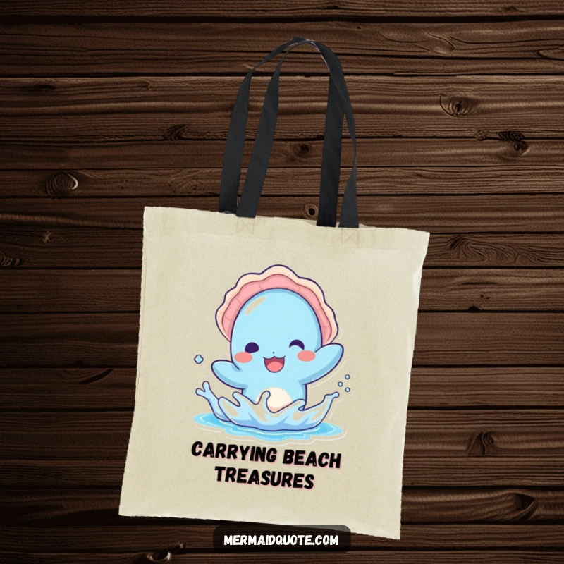 Funny tote bag depicting a kawaii blue creature with a seashell hat, splashing playfully, perfect for carrying items with seaside flair.