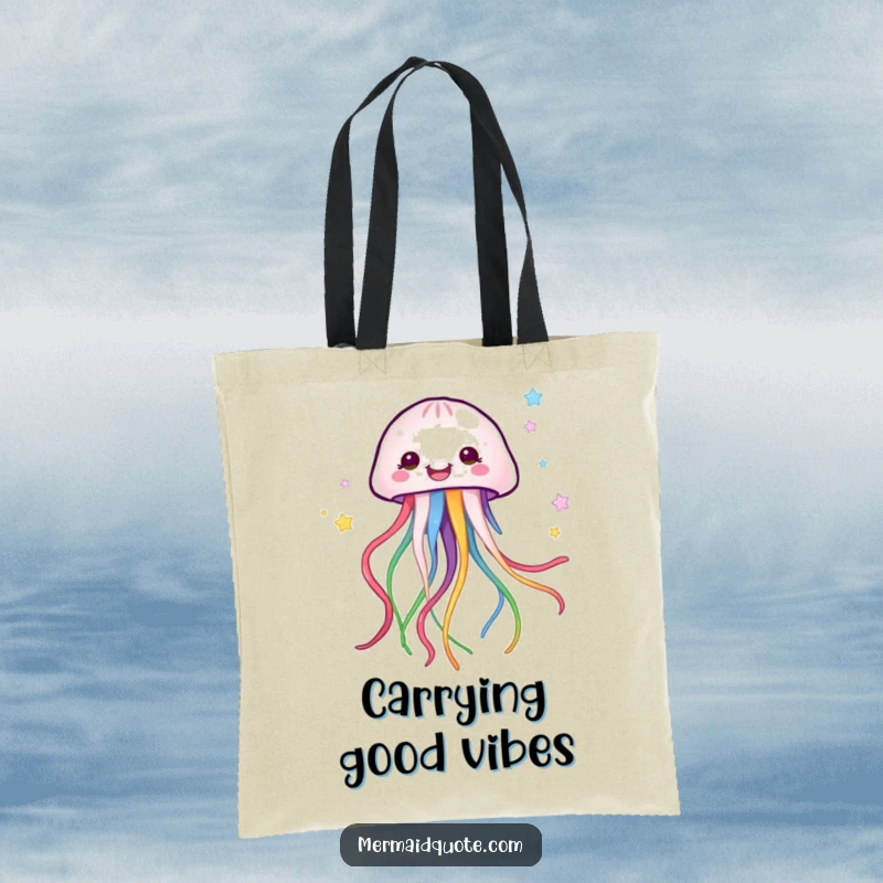Funny jellyfish creature adorned with vibrant, trailing ribbons carried in a stylish tote bag, perfect for shopping.