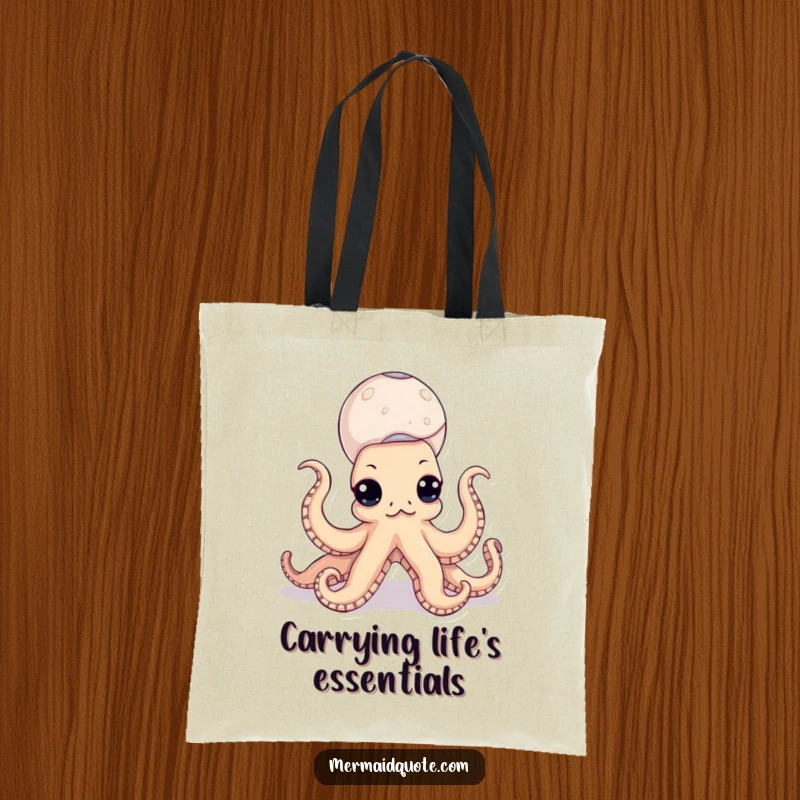 Funny octopus tote bag illustrating a determined sea animal balancing a precarious stack of various seashells with its tentacle dexterity.