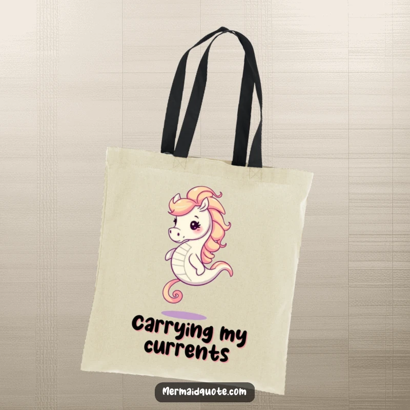 Funny seahorse with a dynamic swirling mane, captured in a galloping motion on a durable tote bag.