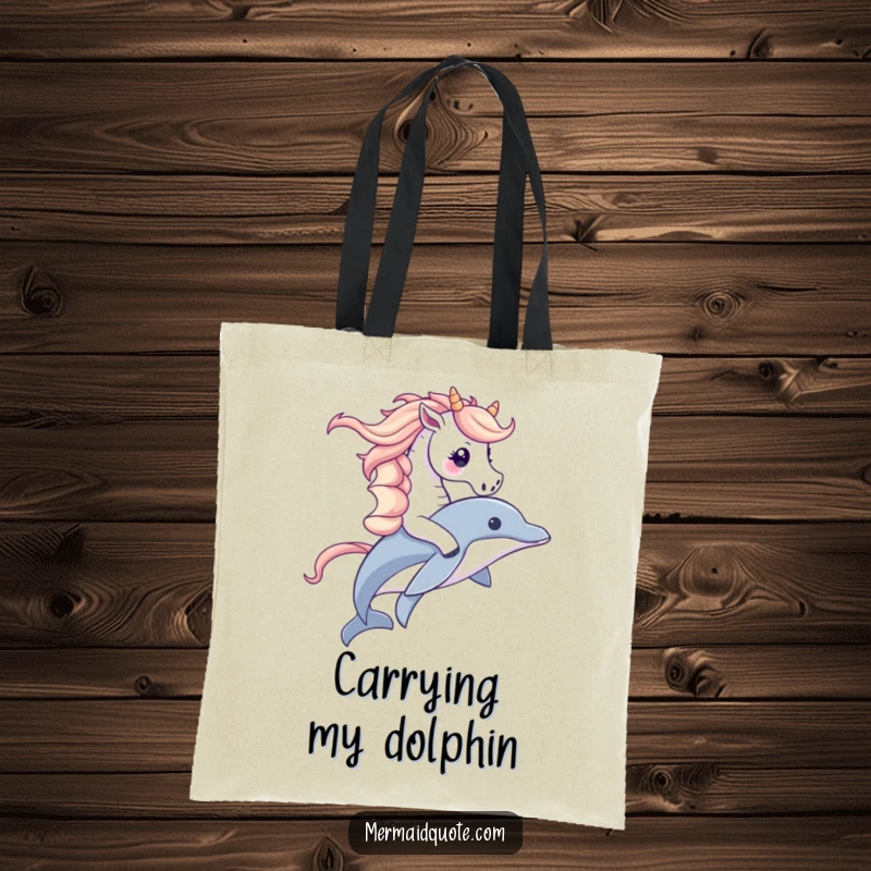Funny tote bag showcasing a cute seahorse joyfully riding a dolphin, ideal for carrying daily items with ocean-themed humor.
