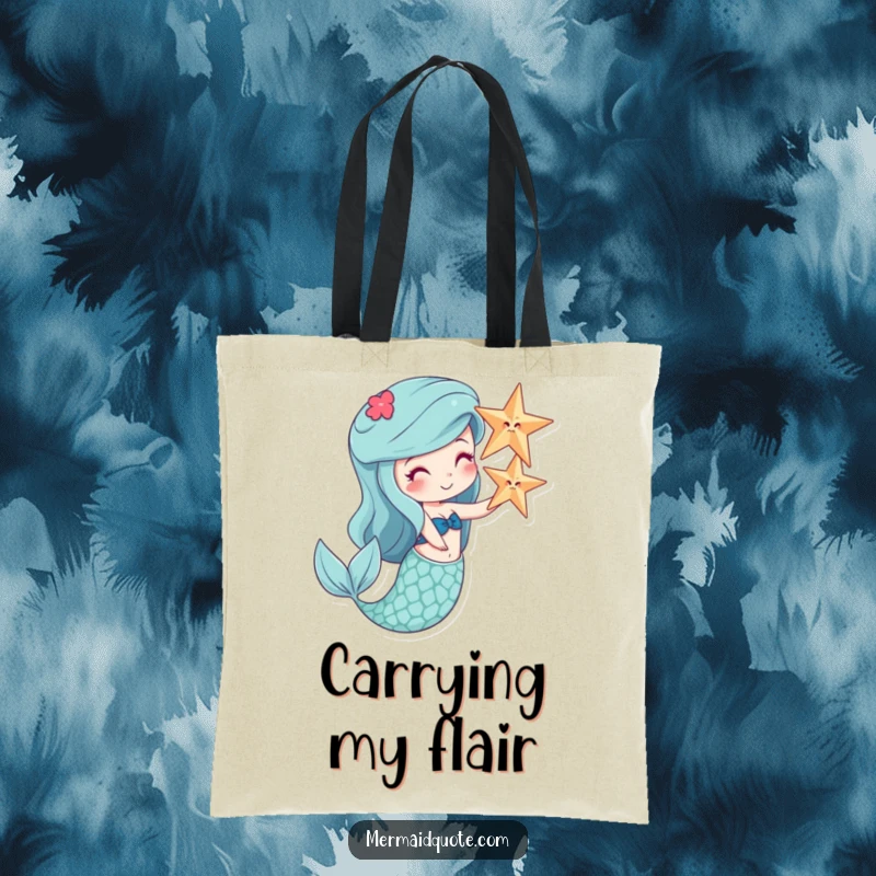 Funny tote bag showing a happy mermaid balancing a starfish on her nose, a quirky and amusing accessory.