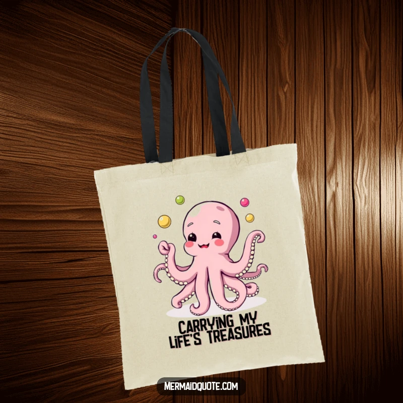 Funny tote bag featuring a cute octopus with tentacles in motion, juggling a collection of colorful, glistening pearls with great skill.