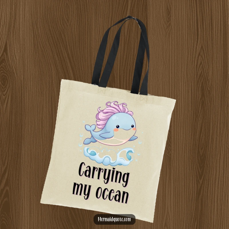 Funny tote bag illustration of a baby whale with a flowing mane joyfully leaping from bubbly ocean waves, ideal for carrying items with ocean charm.