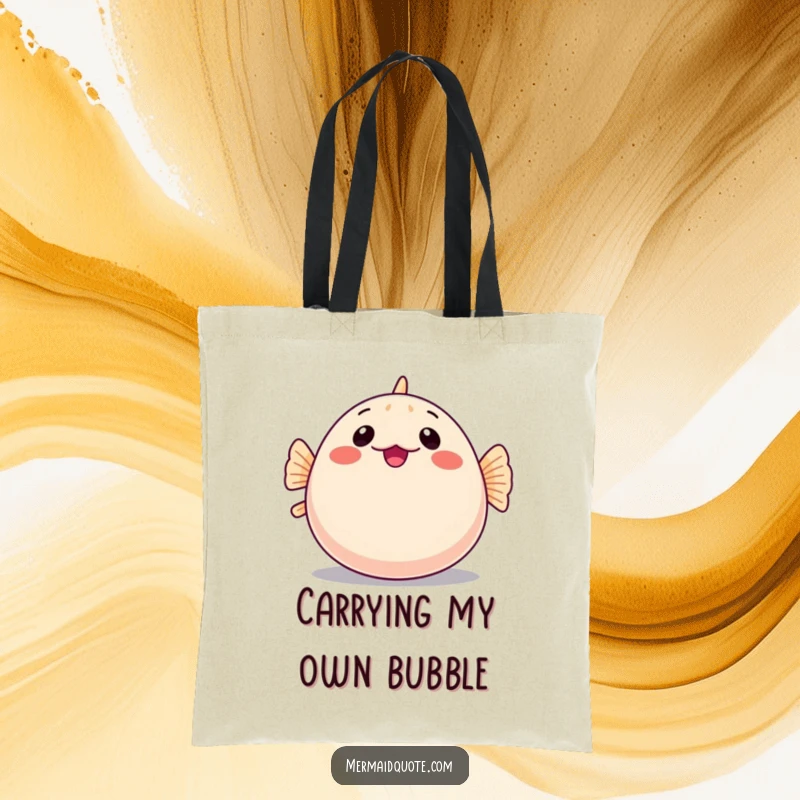 Funny tote bag depicting a shy pufferfish comically inflating itself into a large, round sphere, ready to hold treasures.