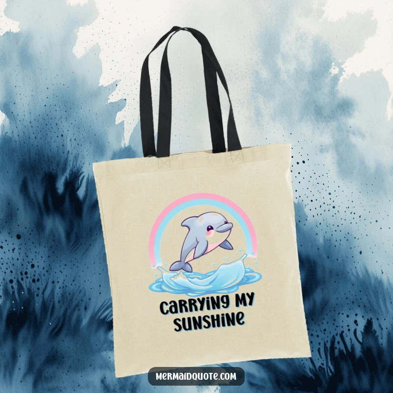 Funny tote bag illustration of a happy dolphin creature jumping through a colorful rainbow water splash. Great for carrying items with joy.