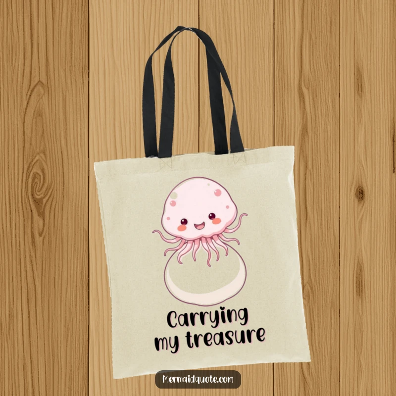 Funny Tote Bag with a fluffy jellyfish joyfully bouncing on a giant pearl, a charming and practical accessory.