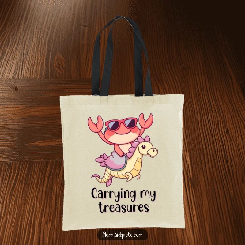 Funny Crab Sunglasses Tote Bag: Stylish tote with a happy crab wearing sunglasses riding a seahorse, a beachy delight.