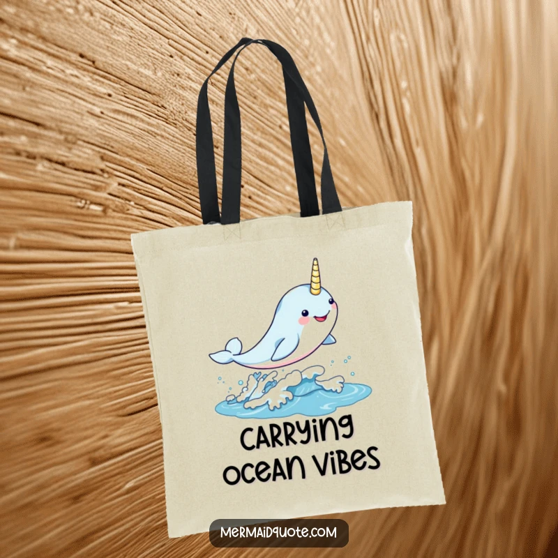 Funny kawaii narwhal leaping gleefully through a shimmering wave on a tote bag, functional and utterly enchanting.