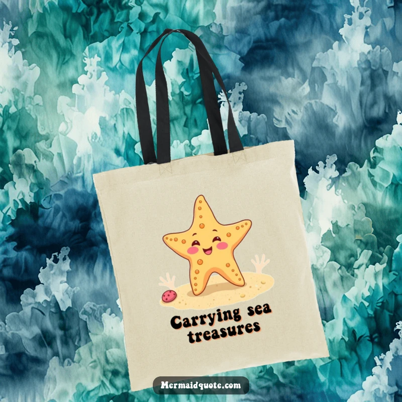 Funny tote bag showing a happy starfish doing a cute wiggle dance on a sandy seabed, perfect for beach trips.