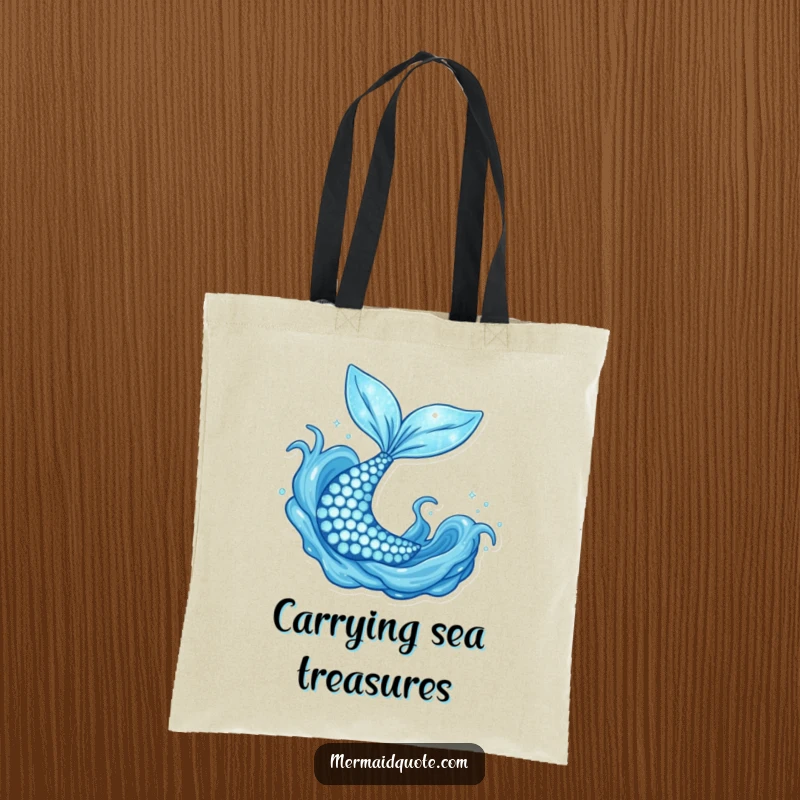 Funny sparkly mermaid tail flipping joyfully, a tote bag carrying enchanting ocean vibes and humor.