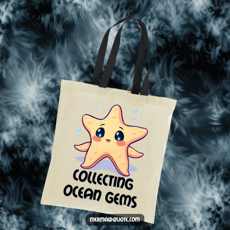 Funny starfish with sparkling eyes juggling tiny glowing sea pearls on a tote bag, stylish and functional.
