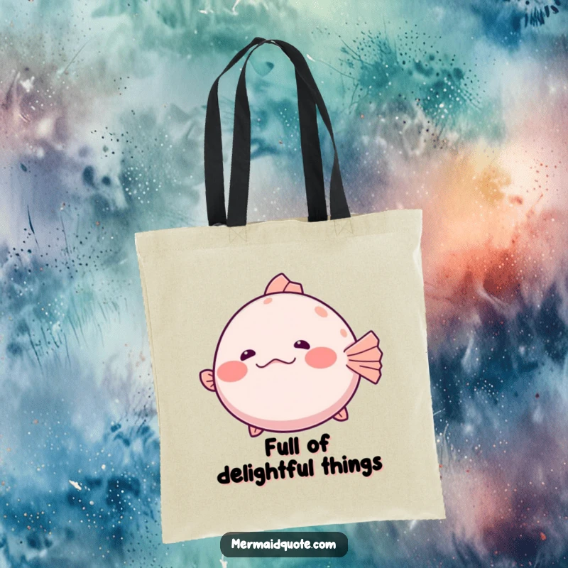 Funny Tote Bag showcasing a shy pufferfish slightly inflating with a hesitant giggle, ideal for carrying essentials with ocean humor.