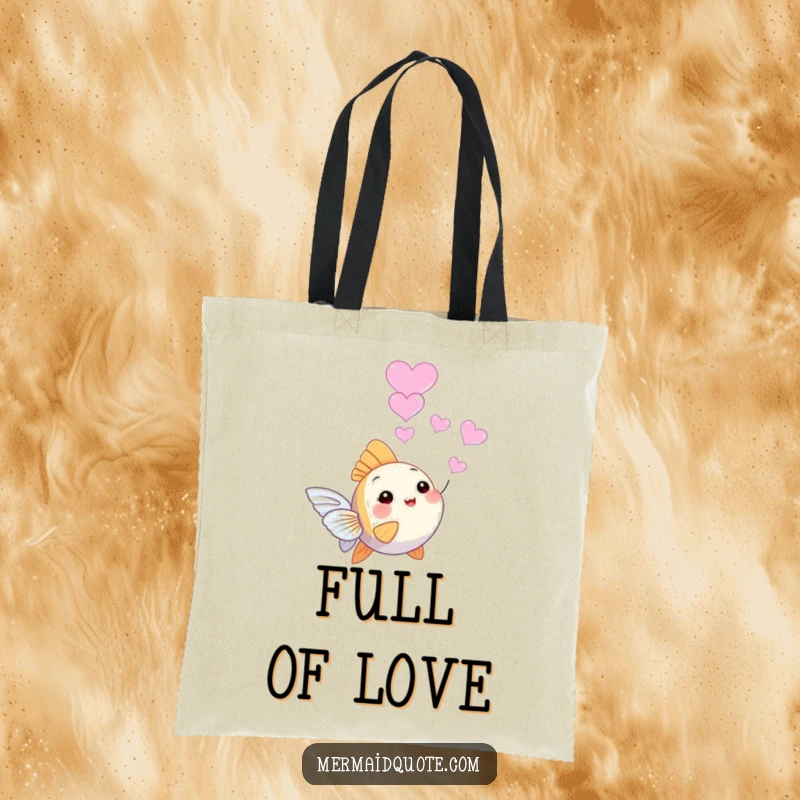 Funny tiny angelfish tote bag, joyfully blowing a cascade of heart-shaped bubbles, perfect for carrying essentials with style and love.