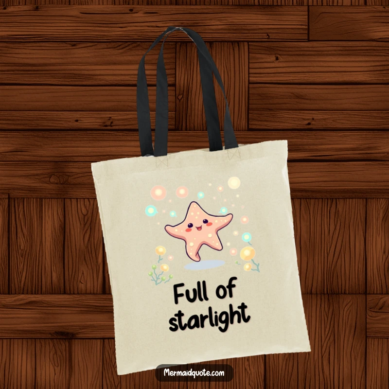 Funny tote bag illustration of a happy starfish creature dancing surrounded by luminous plankton. Great for carrying items with wonder.