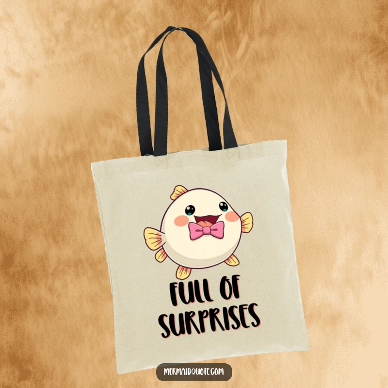 Funny pufferfish in a bow tie, shown inflating with excitement on a durable tote bag, perfect for errands.