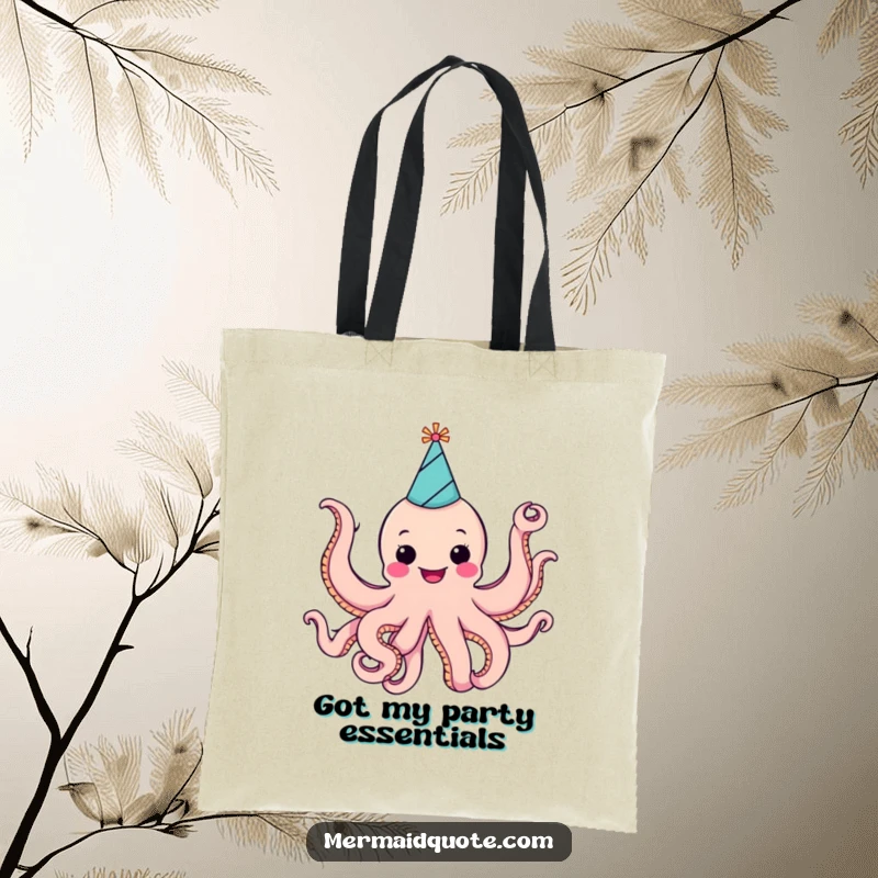 Funny cheerful octopus with a party hat, waving eight arms enthusiastically, featured on a durable and stylish tote bag.