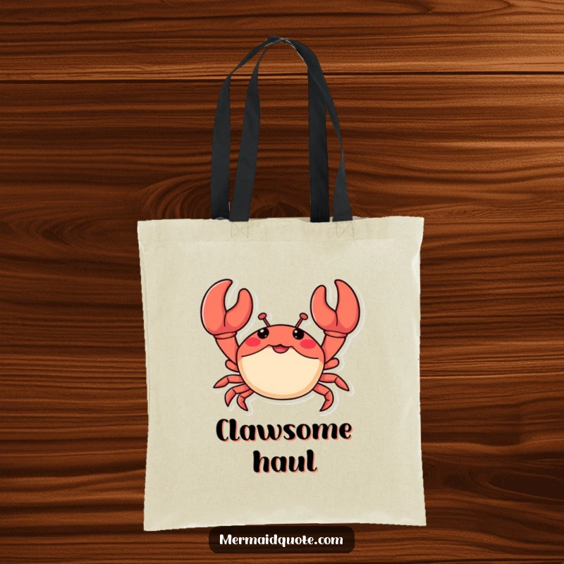 Funny tote bag with a little crab waving enthusiastically with oversized claws, perfect for carrying items with beach-themed humor.