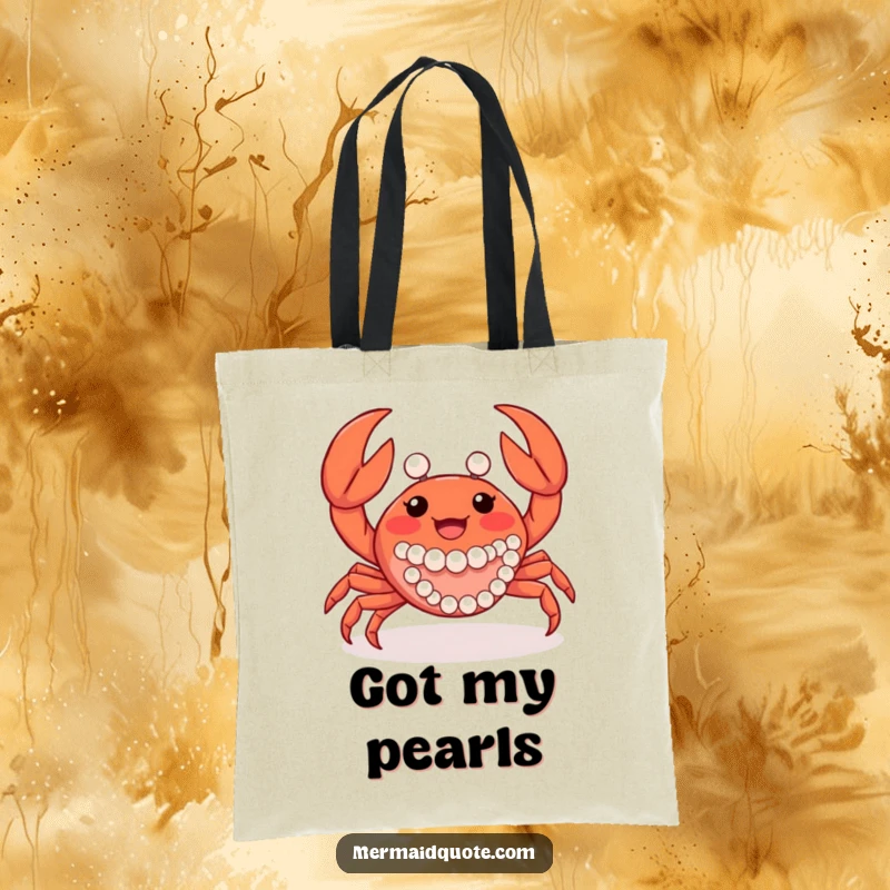 Funny crab creature waving its claws, adorned with pearls, showcased on a fashionable and functional tote bag.
