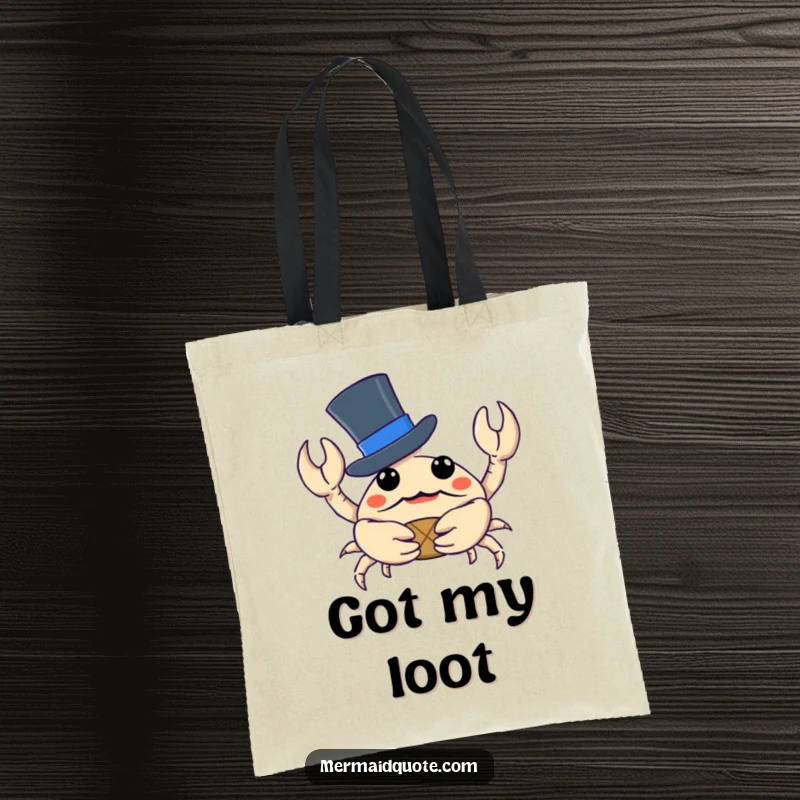 Funny crab sporting a top hat, proudly displaying a small treasure, on a durable tote bag for stylish errands.