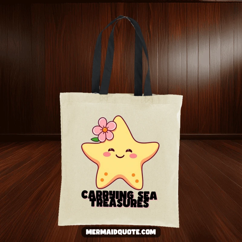 Funny tote bag illustrating a happy starfish with a flower behind its ear, dancing gracefully and ready to carry your beach essentials.