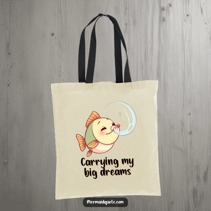 Funny fish tote bag with a determined little fish blowing a large, iridescent bubble, showcasing its triumphant effort and success.