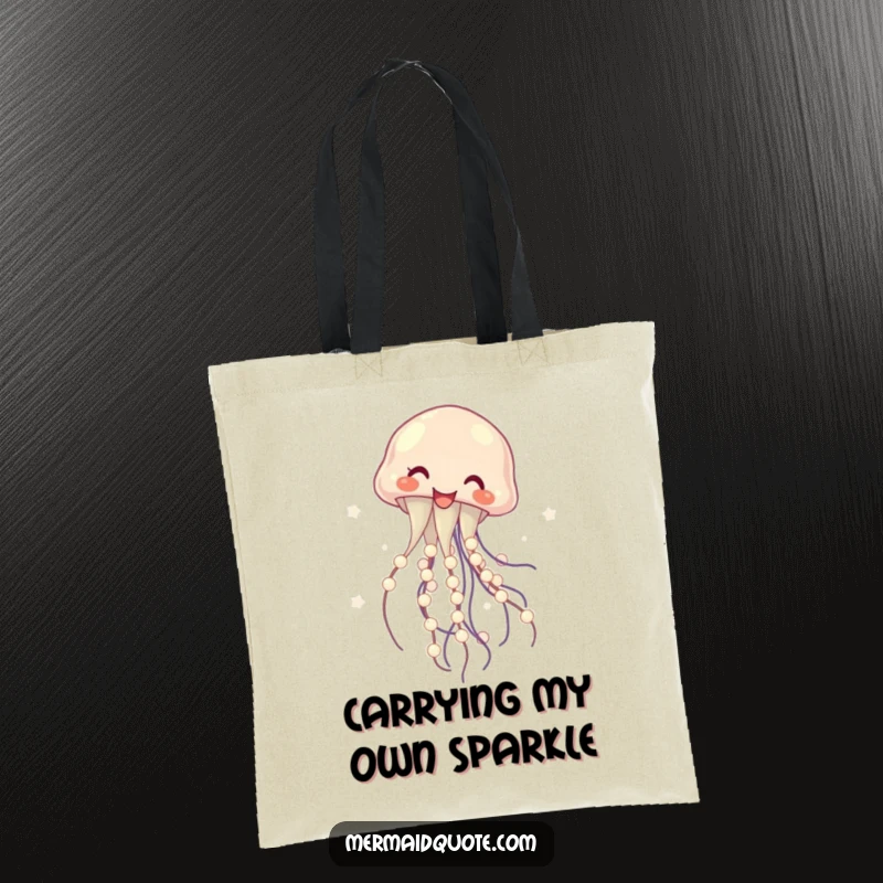 Funny tote bag with a laughing jellyfish gracefully twirling pearls, showcasing a playful and elegant design, perfect for shopping and humor lovers.