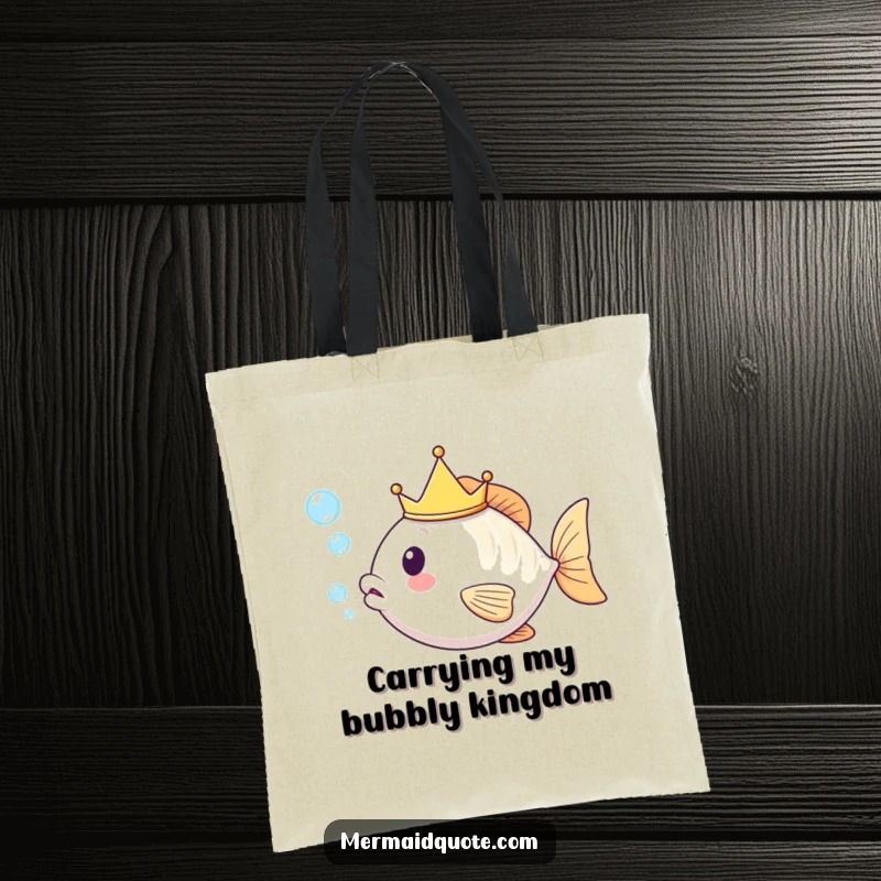 Funny kawaii fish wearing a miniature crown, actively blowing delightful bubbles, featured on a durable and stylish tote bag.
