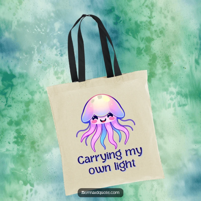 Funny kawaii jellyfish tote bag showcasing a smiling, softly glowing sea creature in beautiful, vibrant colors, perfect for shopping.
