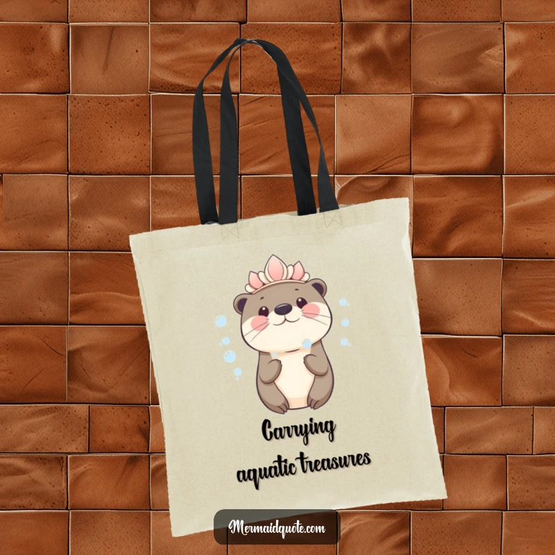 Funny kawaii otter wearing a seashell crown blowing bubbles on a tote bag, practical and irresistibly cute.