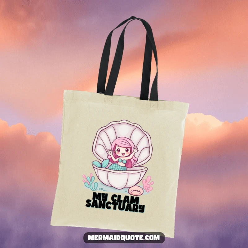 Funny tote bag showing a mermaid waving from inside a giant clam, a charming accessory.