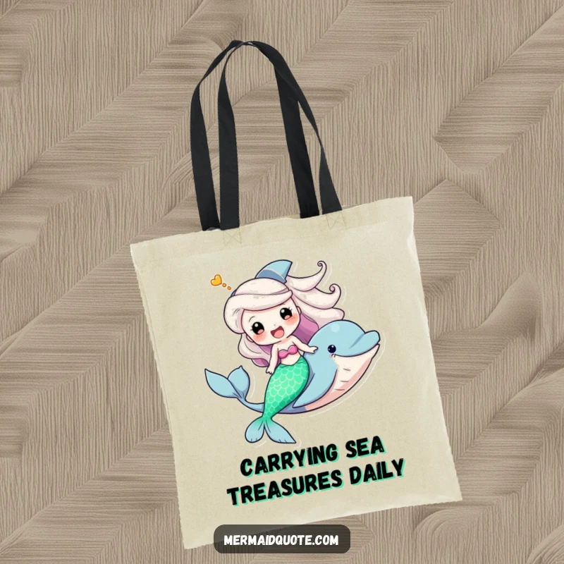 Funny tote bag illustrating a mermaid's triumphant, grinning ride on a friendly dolphin, perfect for carrying sunny day essentials.