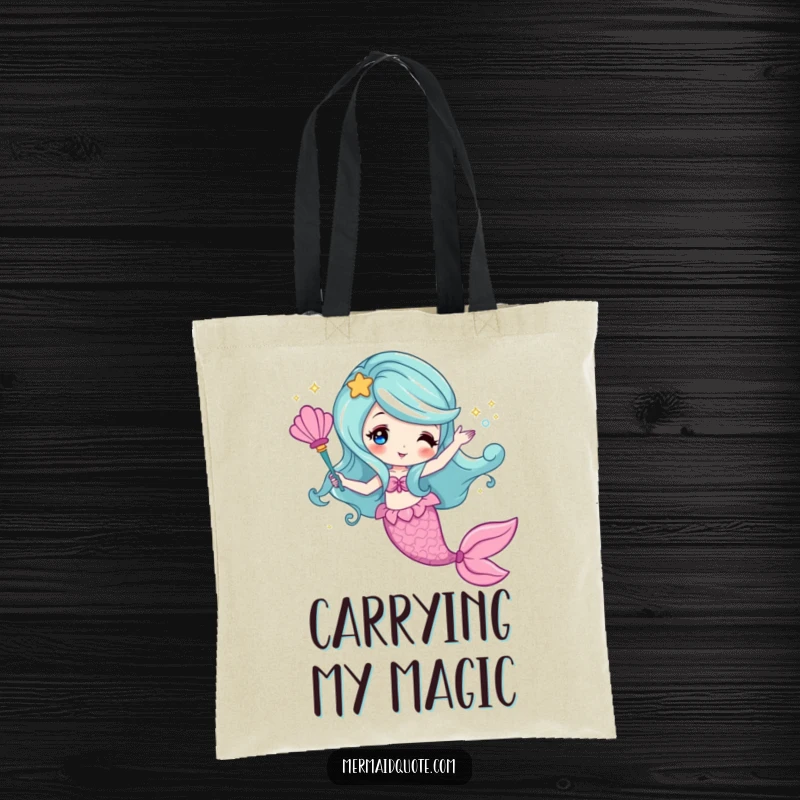 Funny tote bag featuring a mermaid waving a seashell wand, conjuring sparkles, a magical accessory.
