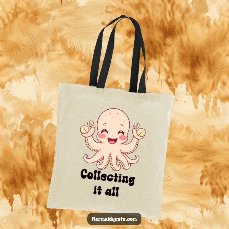 Funny tote bag with a joyful octopus showing a huge smile while waving tiny seashells, perfect for carrying essentials with a humorous touch.